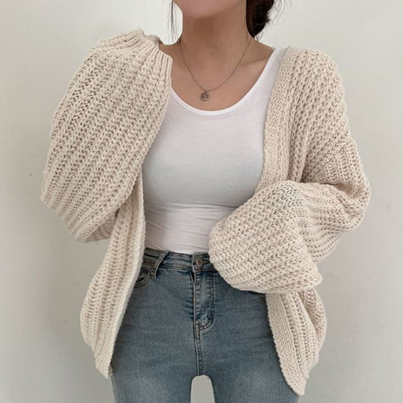 Chic Lantern Sleeve Knitted Cardigan